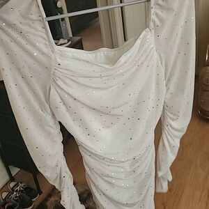 SHEIN White Long-Sleeve Ruched Dress with Silver Sequin Accents